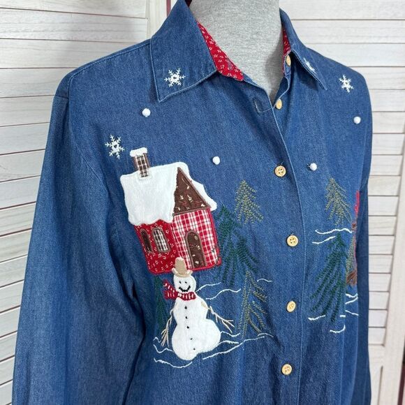 Karen Scott Embroidered Country Christmas Denim Button Up Shirt Blue Medium - Picture 2 of 12